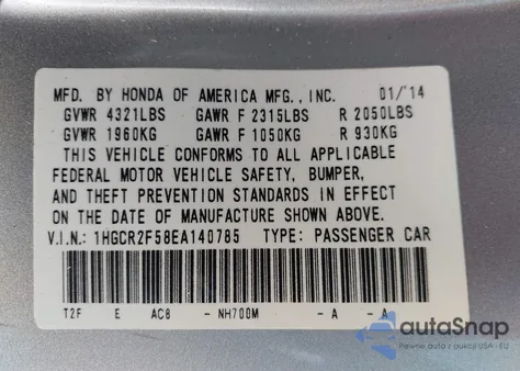 2014 Honda Accord Sport from USA, damaged, VIN 1HGCR2F58EA140785